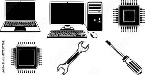 Technology repair tools and devices: laptop, computer, chipset, wrench and screwdriver icons
