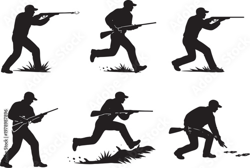 Hunting action moments silhouettes bundle shooting running aiming reloading tracking black isolated icons set