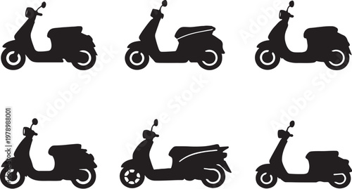 Black scooter silhouettes bundle classic electric retro vespa style city scooter set clean vector isolated
