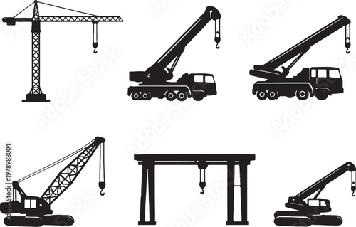 Black crane silhouettes bundle tower mobile construction lifting equipment set clean vector isolated shapes