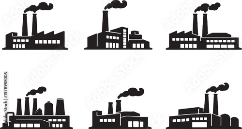 Black factory silhouettes bundle industrial buildings chimney plant set clean vector isolated shapes