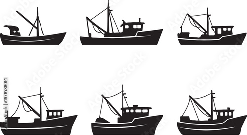 Black fishing boat silhouettes bundle trawler traditional vessel set clean vector isolated shapes