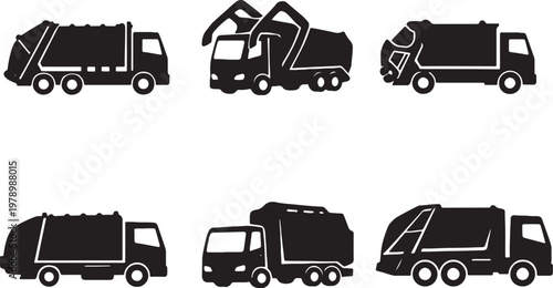Black garbage truck silhouettes bundle rear front side loader recycling vehicle set clean vector isolated
