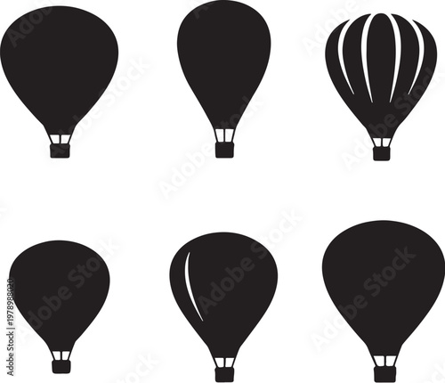 Black hot air balloon silhouettes bundle classic modern festival balloon set clean vector isolated shapes