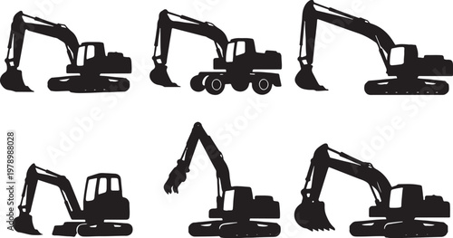 Black excavator silhouettes bundle construction heavy machinery crawler demolition equipment set clean vector isolated
