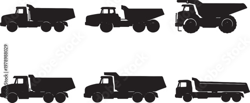 Black dump truck silhouettes bundle construction mining articulated heavy duty vehicle set clean vector isolated