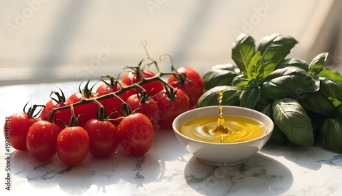 Fresh Cherry Tomatoes on Vine with Basil Leaves and Extra Virgin Olive Oil Splash in Bowl, Mediterranean Food and Healthy Cooking Concept