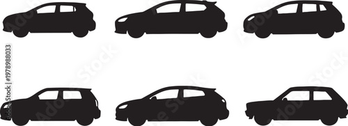 Black hatchback car silhouettes bundle compact sporty electric retro vehicle set clean vector isolated