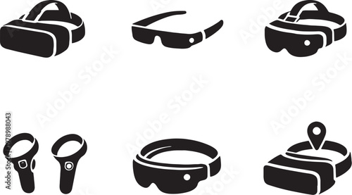 AI VR AR devices silhouette, virtual reality headset, augmented reality glasses, mixed reality, immersive technology icon set
