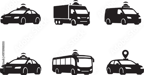 AI vehicle systems silhouette, self driving car, autonomous taxi, smart transport, delivery truck, navigation vehicle icon set