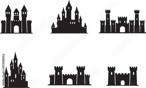 Black castle silhouettes bundle medieval fortress tower architecture set clean vector isolated shapes