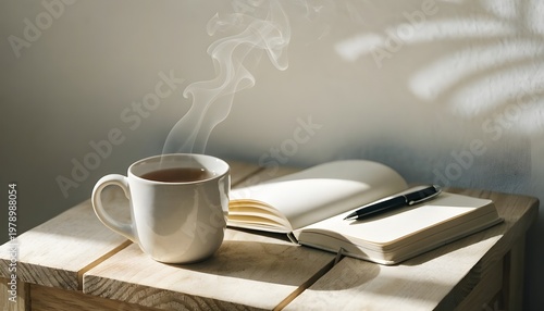 Steaming Cup of Hot Coffee or Tea with Open Blank Notebook and Pen on Wooden Table in Sunlight, Morning Mood and Mindfulness Concept