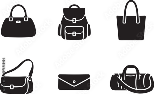 Bags collection silhouette set handbag backpack tote shoulder clutch travel duffle bag icon bundle