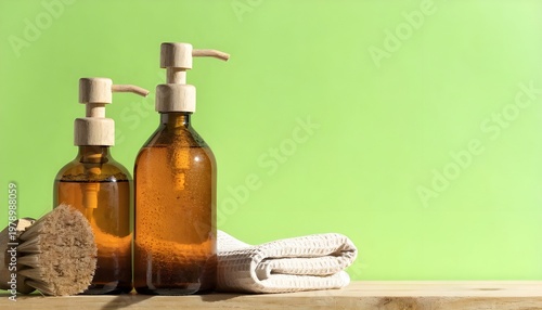 Eco-Friendly Organic Skincare Products in Amber Glass Pump Bottles with Wooden Brush and Towel on Green Background, Natural Cosmetics Concept