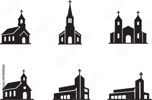 Black church silhouettes bundle classic chapel steeple architecture set clean vector isolated shapes