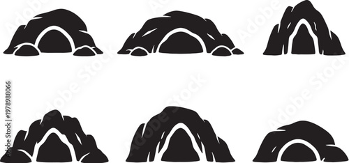 Black cave silhouettes bundle rock cave entrance shapes set clean vector isolated minimal design