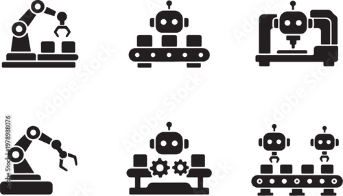 AI industrial machines icons black silhouette set factory automation robot production vector isolated.eps