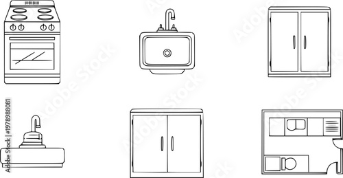 Minimalist kitchen icons set including stove sink cupboard and kitchen plan
