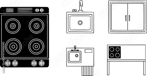Minimalist kitchen icons set including stove sink cupboard and kitchen plan
