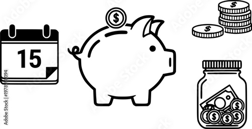 Savings plan icons: piggy bank, calendar, coins, money jar for financial planning
