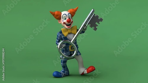 Cartoon Clown Character Holding a Large Skeleton Key in Checkered Suit