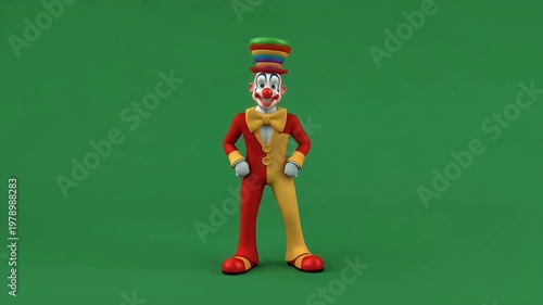 Harlequin Cartoon Clown Character in Red and Yellow Suit with Stacked Hats