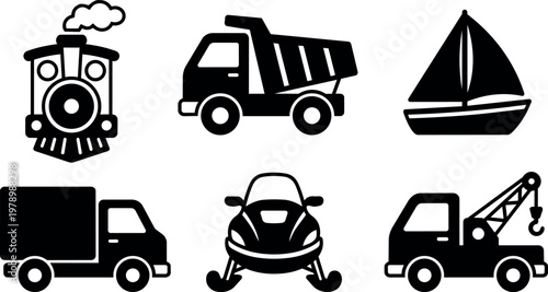 Train dump truck sailboat delivery truck snowmobile and tow truck