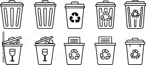 Set of garbage and recycling bin icons with simple line design

