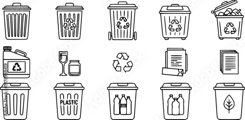 Set of garbage and recycling bin icons with simple line design
