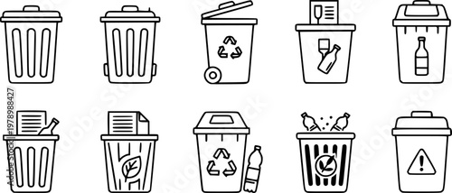 Set of garbage and recycling bin icons with simple line design
