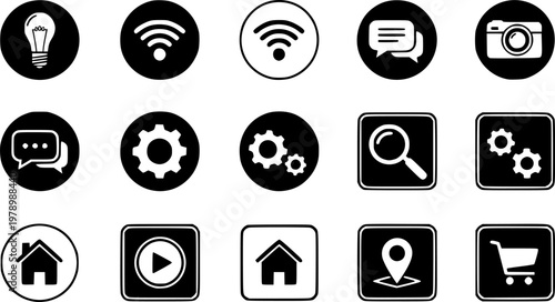 Smart kitchen appliances icons: microwave, oven, refrigerator, coffee maker, air fryer, wi-fi
