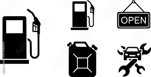 Fuel station icons set: pump, open sign, fuel can, car repair
