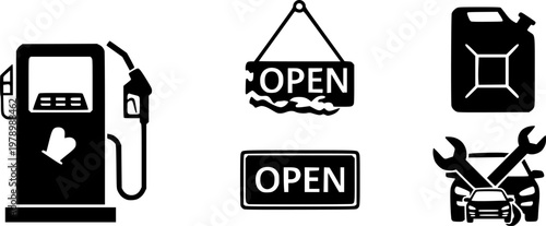 Fuel station icons set: pump, open sign, fuel can, car repair
