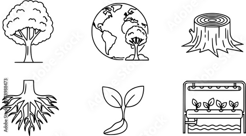 Simple line icons of tree, earth, stump, root, seedling, and hydroponics
