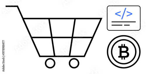 E-commerce, cryptocurrency, online shopping, digital coding, fintech, blockchain transactions. Minimalist shopping cart, Bitcoin logo and coding icon. E-commerce and cryptocurrency concept
