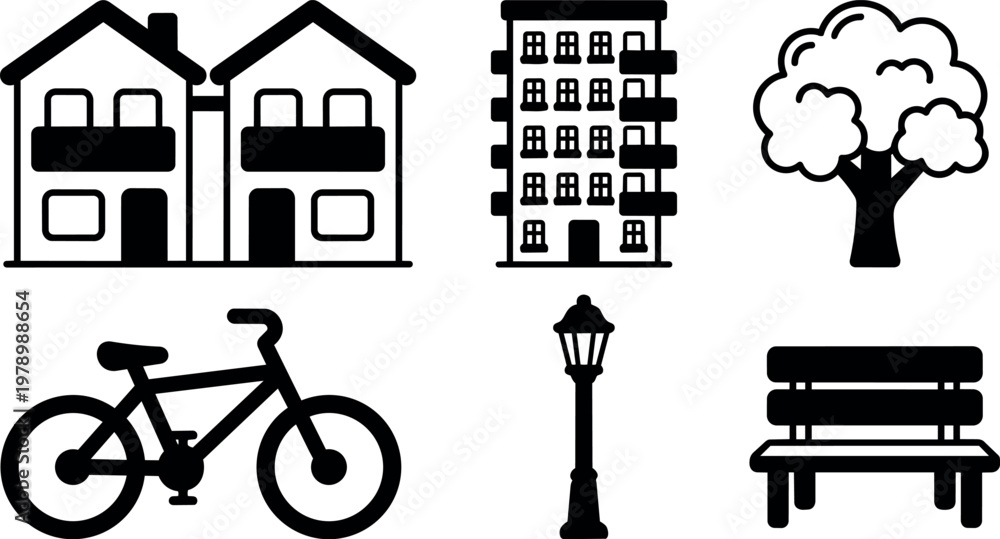 Fototapeta premium Black and white residential house apartment tree bike street lamp and park bench icons
