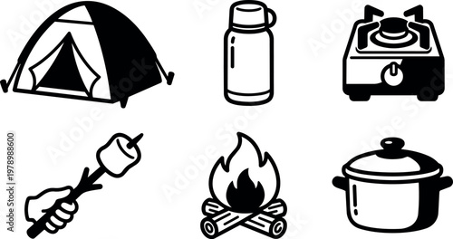 Black and white camping equipment tent marshmallow fire stove pot vector art