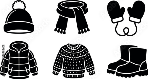 Winter hat scarf mittens jacket sweater and boots