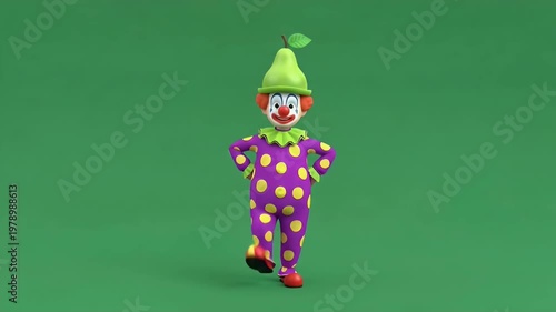 Cheerful Cartoon Clown in Purple Polka Dot Suit with Pear Hat