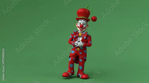 Whimsical Cartoon Clown in Red Polka Dot Suit with Floating Apple Hat