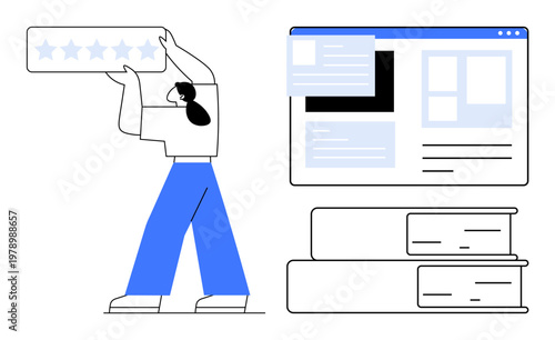 User feedback, customer satisfaction, digital reviews, online evaluation, information storage, web interface design. Person holding a rating scale near a digital interface and books. User feedback