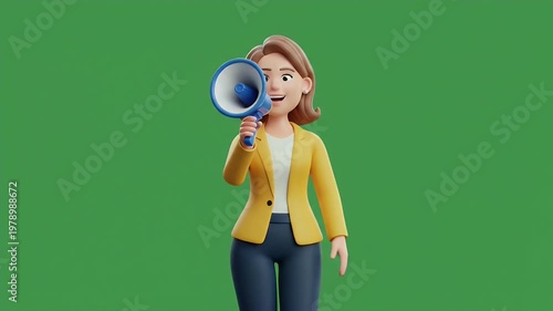 3D Cartoon Businesswoman Character Holding Megaphone Making Announcement on Green Screen Background