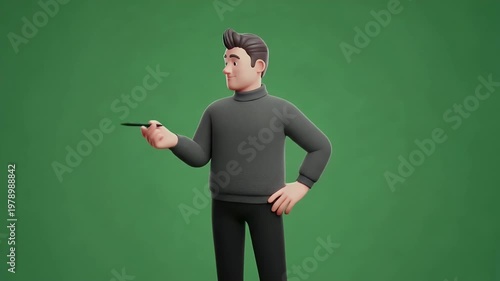 3D Cartoon Man Character Holding Walkie-Talkie with Shocked Expression on Green Screen Background