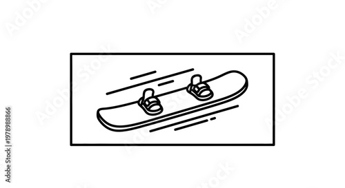 Snowboard with bindings, motion lines, black and white line art, isolated on white