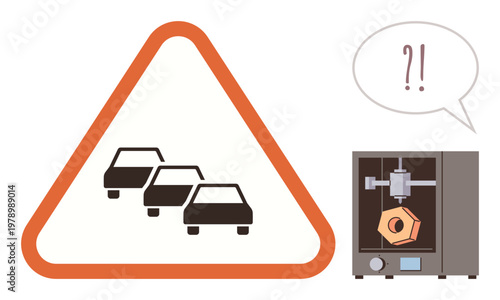 Road safety, transportation, innovative manufacturing, traffic management, technology integration, production methods. Cars in a traffic alert sign next to a 3D printer creating a nut. Road safety