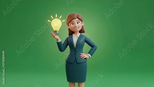 3D Cartoon Businesswoman Character Gesturing with Open Hand for Presentation on Green Screen Background