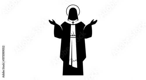 A silhouette of a religious figure with hands raised.