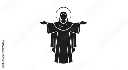 A black silhouette of a religious figure with a halo.