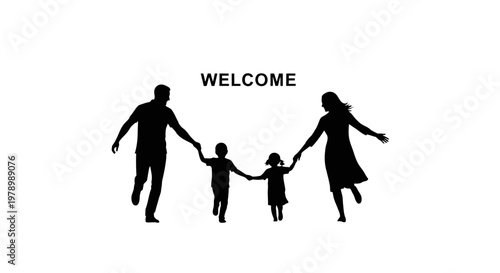 Silhouette of happy family holding hands.