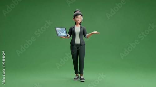 Thoughtful 3D businesswoman holding a tablet displaying a financial graph, representing data analysis, strategic thinking, and problem-solving in business on a vibrant green background.